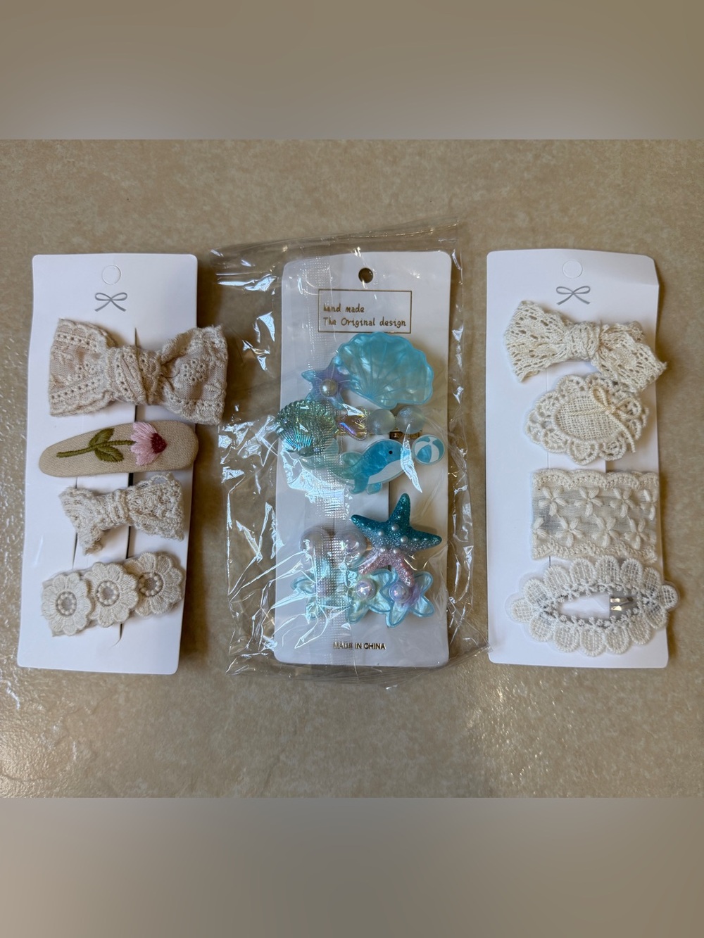 13pc Coquette Hair Clip Set - Beige/Blue Lace Floral & Mermaid Pearl Accessories